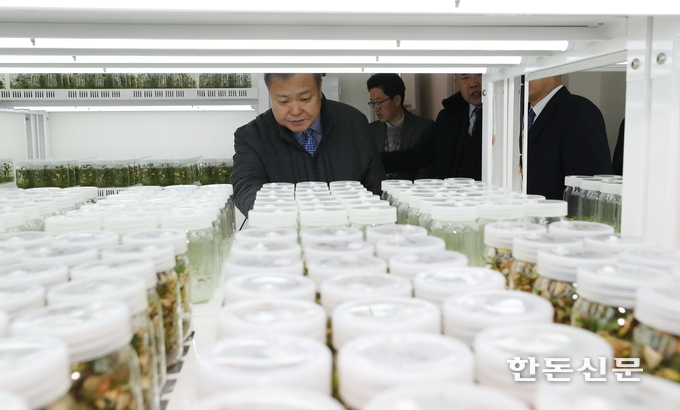 농진청 황규석 차장은 21일 경기 여주 농업인 교육현장을 찾아 수강중인 농업인들을 만나 주요 농업현안에 대한 현장의견을 들었다. 사진은 고구마무병묘배양센터 방문 모습.