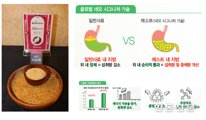 사진 왼쪽부터 뉴트리나 신제품 초이스육성돈 제스트와 갓난돼지 제품의 글로벌 기술을 초이스육성돈 제스트에 적용한 사례(사진 위)와 고품질 가공원료의 효과모습.